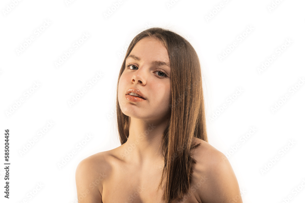 Young beautiful girl isolated on white background. Fresh shiny glossy lipstick Young beautiful girl isolated on white background. Fresh shiny glossy lipstick