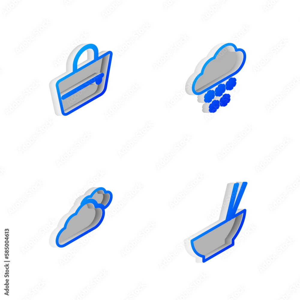 Set Isometric line Cloud with snow, Handbag, and Bowl chopsticks icon. Vector Set Isometric line Cloud with snow, Handbag, and Bowl chopsticks icon. Vector