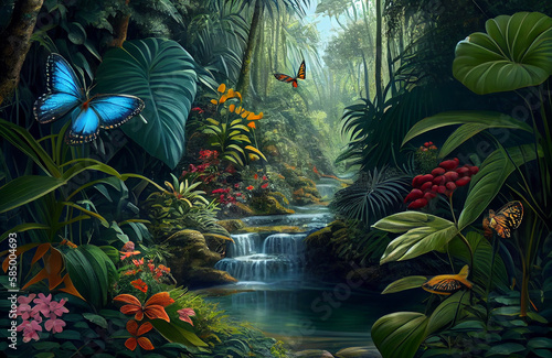 Beautiful nature scene of forest  butterflies in a natural jungle environment landscape  colorful yet calm art with waterfall and wilderness - AI Generated