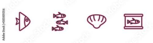 Set line Fish, Scallop sea shell, Fishes and Canned fish icon. Vector