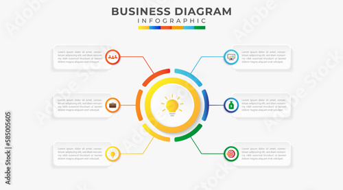 6 Steps Modern Mind Map diagram with several topics and icon symbol, presentation vector infographic. Infographic template for business.