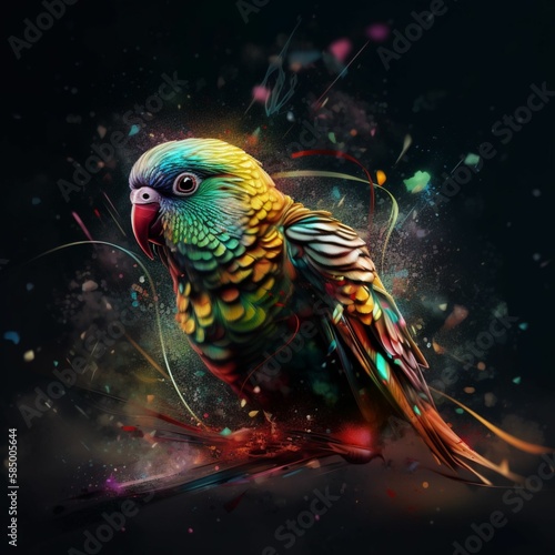 Colorful Parakeet on black background with bubbles, droplets, and psychedelic swirling colors