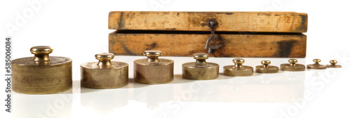 Fototapeta Naklejka Na Ścianę i Meble -  Old brass weights with a wooden box isolated on white background
