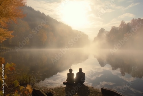 elderly couple enjoying the misty lake at sunrise