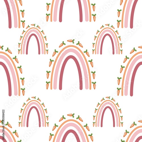 Easter rainbow with carrots seamless pattern isolated on white background. Baby shower decoration,greeting cards,scrapbook,wrapping papers, etc.