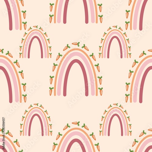 Easter rainbow with carrots seamless pattern isolated on beige background. Baby shower decoration,greeting cards,scrapbook,wrapping papers, etc.