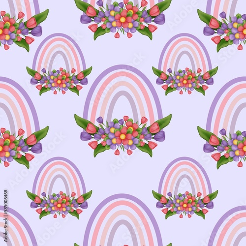 Beautiful rainbow seamless pattern with spring flowers bouquet isolated on pastel purple background.wedding decoration birthday wallpaper baby shower decoration  etc.