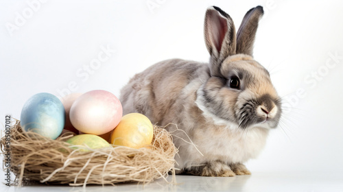 Cute brown and white bunny with easter eggs in a basket