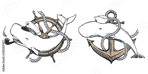 A white sperm whale in a captain's cap and a cachalot in a sailor panama. A creative illustration of a whale entwined with a rope on an anchor and shruval. Old school tattoo sketch, for t-shirt prints