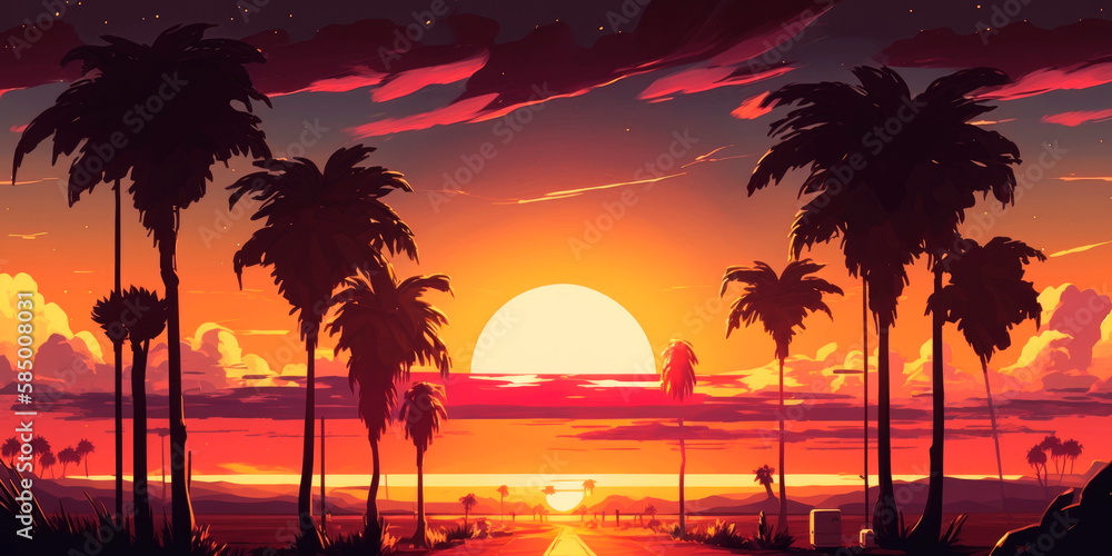 Summer sunset over the horizon with palm trees in the distance. Generative AI