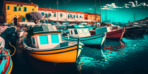 port by the sea with colorful boats and yachts Generative AI