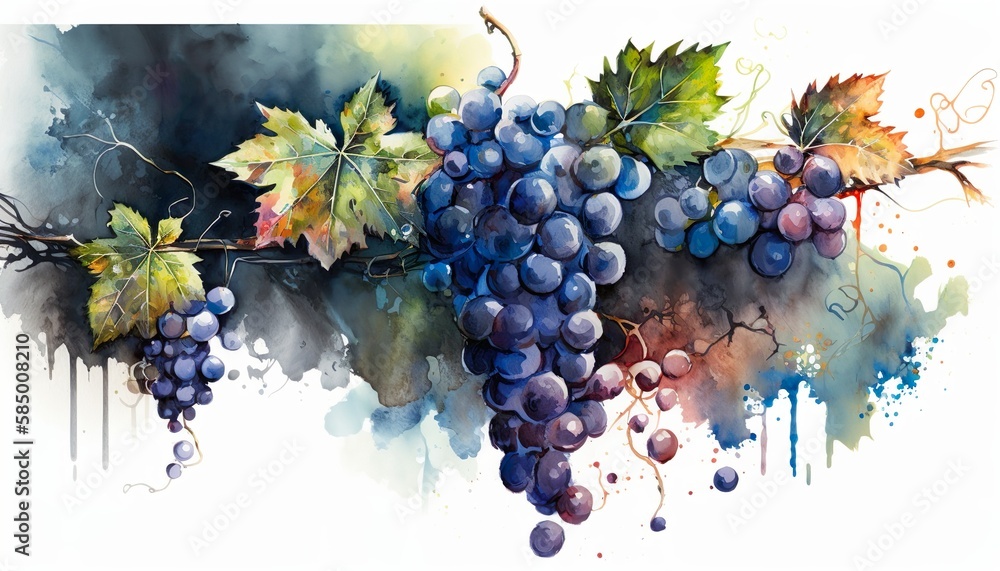 vine with blue grapes and green leafs, abstract art, watercolor illustration. Generative AI - obrazy, fototapety, plakaty 