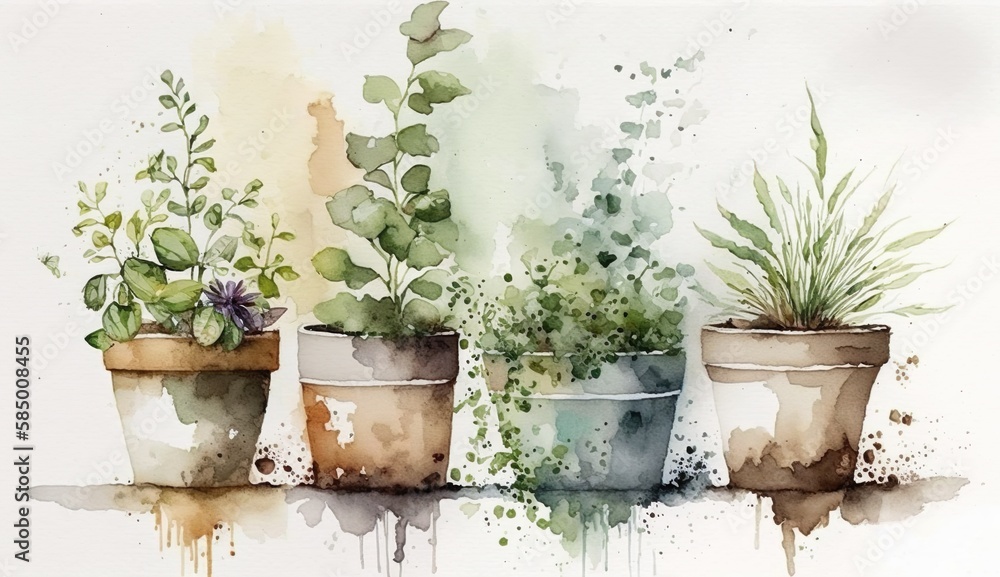 herbs in plant pots, watercolor illustration. Generative AI