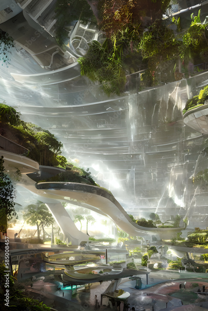 futuristic shopping mall with waterfalls inside a space station with plants conecpt art