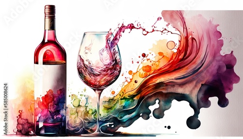 A red wine bottle and a glass of red wine with motion, rainbow colors, abstract watercolor illustration. Generative AI