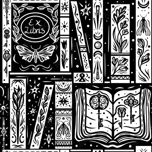 Magic Black and white library with books, moths, keys and plants. Hand drawn seamless pattern in linocut style. Background for fabric, wallpapers, covers and textiles photo