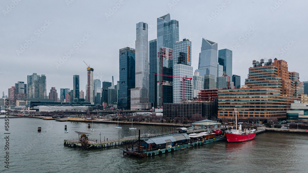 Manhattan skyline and an old pier, drone view Manhattan skyline and an old pier, drone view