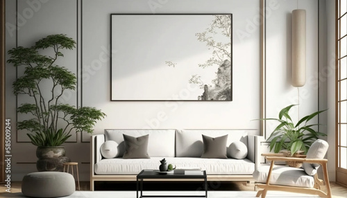Modern interior design mockup poster blank white frame. Generative Ai. © 121icons
