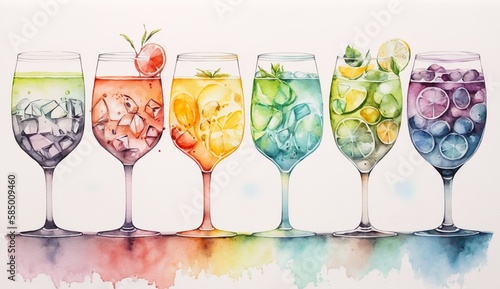 cocktails collection in a row, abstract watercolor illustration. Generative AI photo