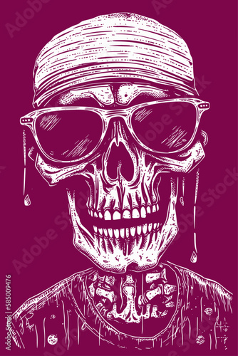 High detail gangsta skeleton skull with sunglasses and hat. Woodcut engraving style hand drawn vector illustration. Optimized vector. 