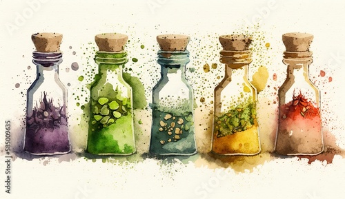 Fototapeta Naklejka Na Ścianę i Meble -  spice jars with cork. Colorful spices like pepper, curry, paprika and cheyenne, abstract watercolor illustration. Generative AI