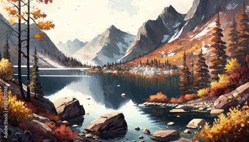 Mountains forests and a lake are shown in a watercolor. Generative Ai.