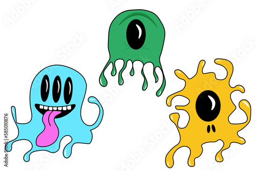 Psychedelic Monsters. Modern sticker with slime. Funny alien faces with eyes and Flowing Texture. Crazy vector illustration in 90s style.