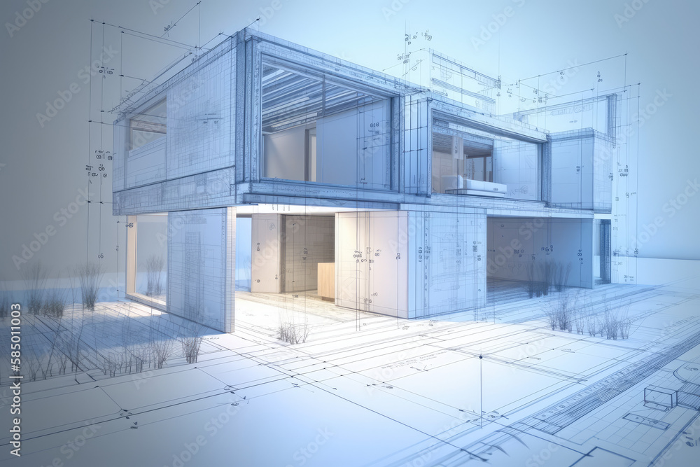 Plan et rendu d'ensemble 3D d'un bâtiment moderne et design, projet d ...