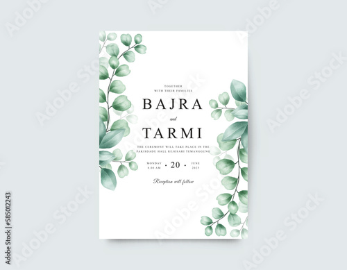Wedding invitation card template with watercolor green leaves