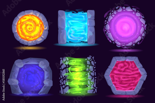 Futuristic portal to another world. Fantasy game gate to another dimensions, magic teleport and stone arches between worlds