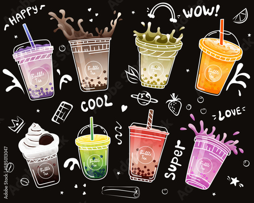 Bubble milk tea poster. Pearl milk tea , Boba milk tea, Yummy drinks. Horizontal summer banner. Vector illustration EPS10