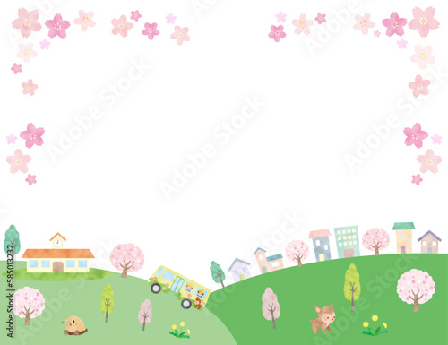 桜のある春の風景のフレーム素材