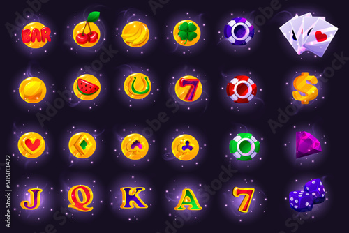 Casino slot game icons on background, RPG UI winner badge kit, casino slot gambling machine objects. Vegas shiny UI design elements, lemon, strawberry, bar
