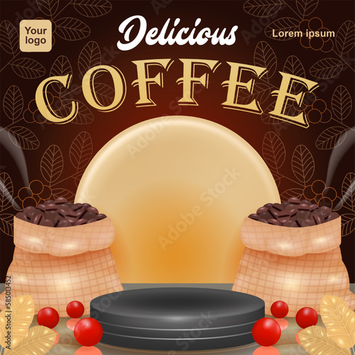 Deslicous Coffee, 3d vector podium background with decorative coffee beans in a sack. Can be used for product background