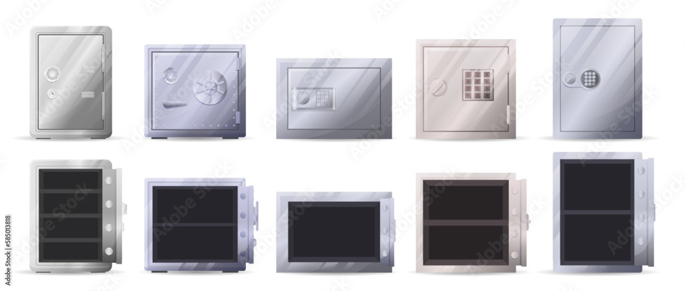 Bank metal vault and safes with open and closed doors. Safe Icons. Gold ...