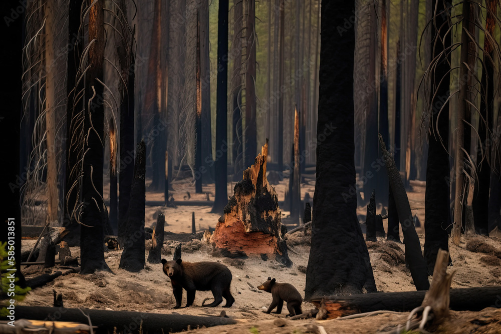 Fototapeta premium Animal rescue bear forest fire, generated AI, generated, AI