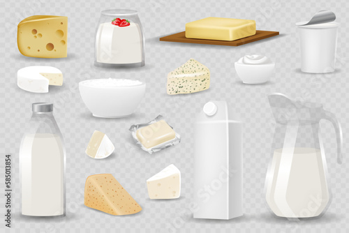 Dairy products isolated on realistic style vector illustration. Different natural milk drinks and food, 3d packaging with blank label, yogurt, butter and cheese