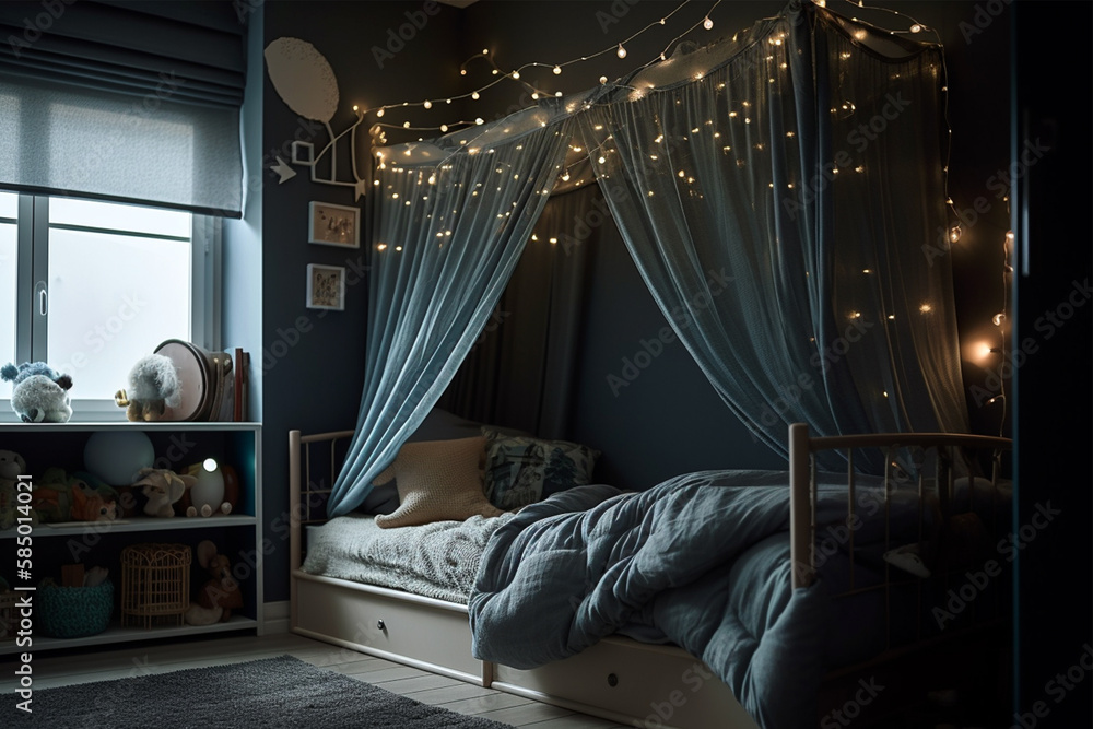 Kids bedroom in dark colors. Cozy kids room interior, scandinavian ...