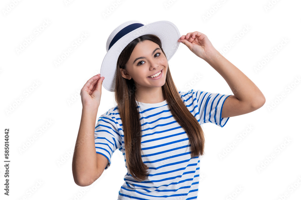 summer stylish smiling teen girl in studio. photo of summer stylish teen girl wearing hat. summer stylish smiling teen girl in studio. photo of summer stylish teen girl wearing hat.