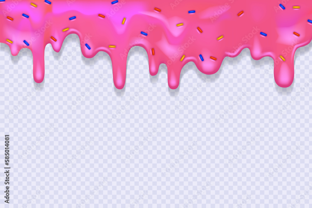Pink dripping frosting with colorful sprinkles. Doughnut glaze. Sweet cream. Seamless pattern. 3d realistic vector