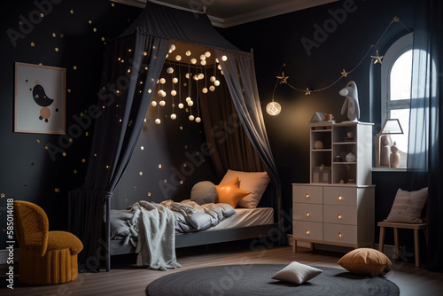 Kids bedroom in dark colors. Cozy kids room interior, scandinavian nordic design with light garlands and soft pillows, tent canopy bed. Children room in evening with lights on. AI generated image.