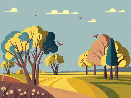 Nature Landscape Background With Trees, Blossom And Flying Birds.