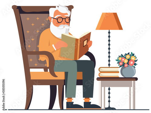 Elderly Beard Man Reading A Book At Chair Near Flower Plant Pot On Stool And Floor Lamp Against White Background.