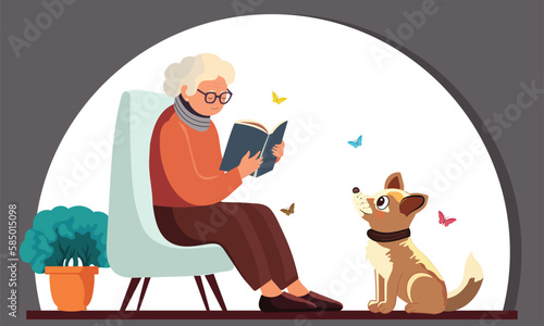 Elderly Woman Reading A Book At Armchair In Front of Adorable Dog, Plant Pot, Butterflies On Gray And White Background.