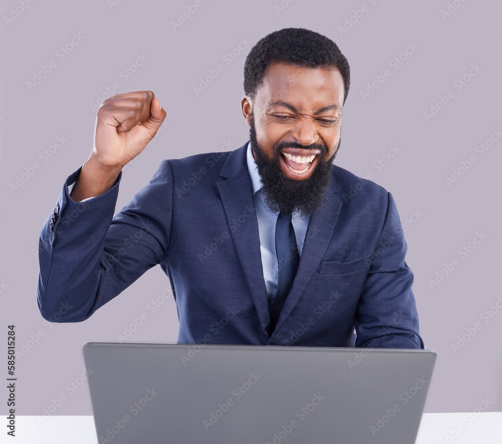 Winning, laptop and black man isolated on gray background for stock market, trading or business bonus with fist pump. Yes, success and winner person on computer sales, profit or celebration in studio Winning, laptop and black man isolated on gray background for stock market, trading or business bonus with fist pump. Yes, success and winner person on computer sales, profit or celebration in studio