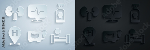 Set Ultrasound, Antibacterial soap, Location hospital, Hospital bed, Heart rate and Human kidneys icon. Vector