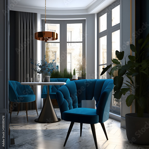 Cozy modern living room interior with blue armchair and decoration room big window in the background, Generative AI 