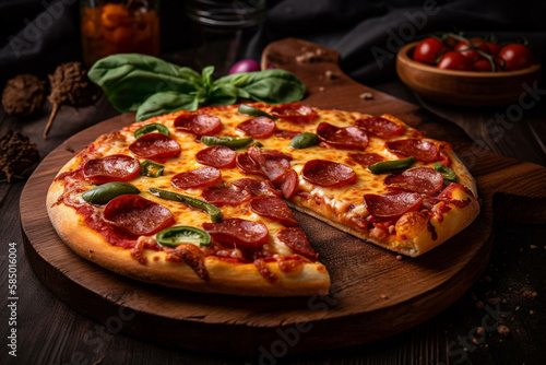 Illustration of pepperoni pizza on wooden board. Homemade and looks delicious. AI Generative.