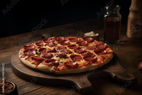 Illustration of pepperoni pizza on wooden board. Homemade and looks delicious. AI Generative.