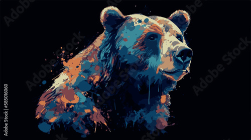 Colorful painting of bear. Vector graphic art of multicolored grizzly. Artwork poster of wildlife. Modern portrait decoration. Graffiti style  print with paint splatter. Rainbow color cartoon sketch